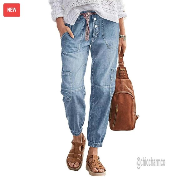 Mid Rise Straight Leg Jeans Button Fly Multi Pocket Stretch Denim
